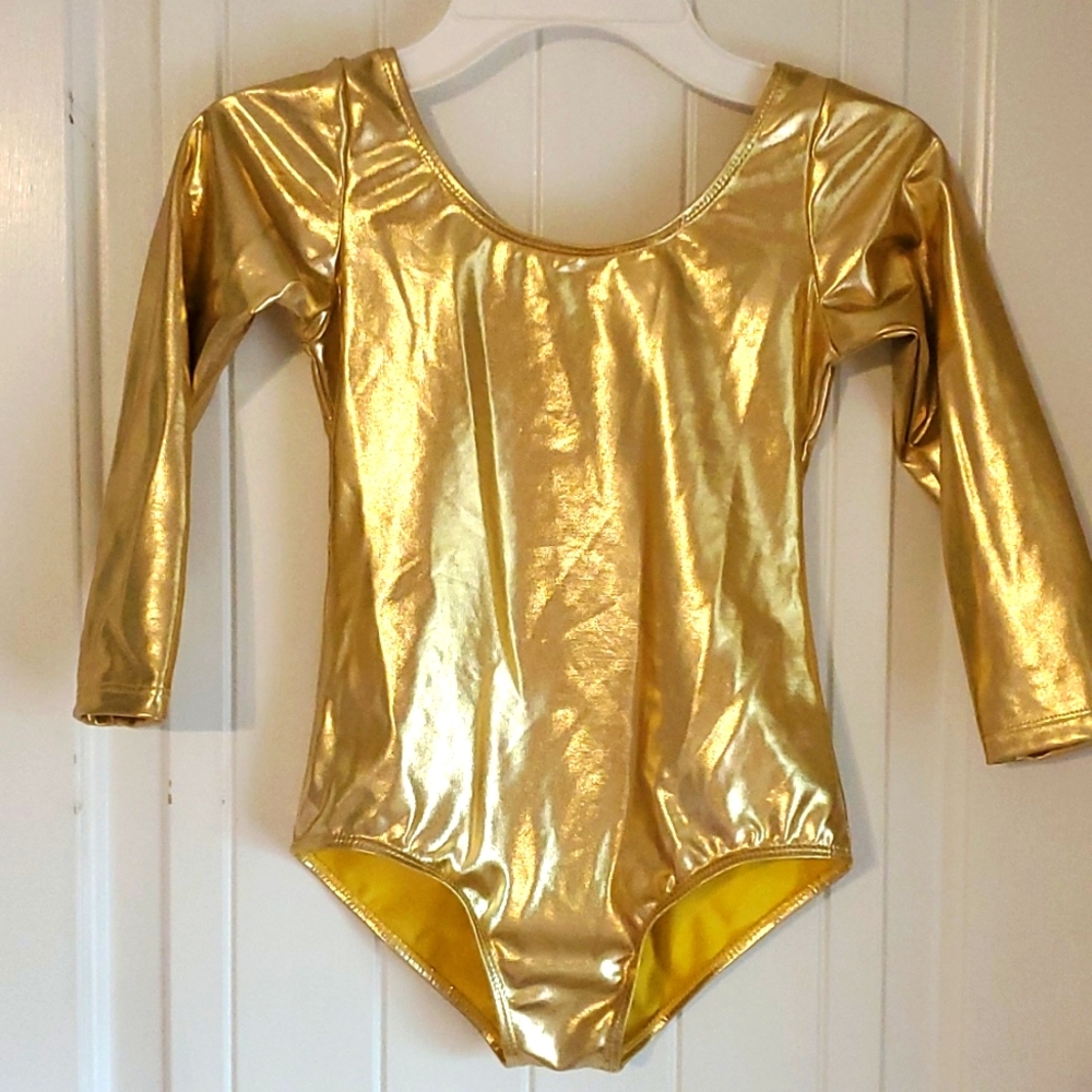 Gold Metallic Long-Sleeve Kids Dance Leotard